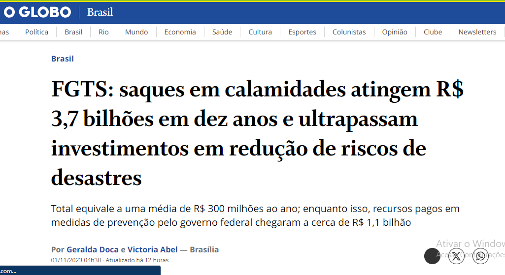 FGTS: saques em calamidades atingem R$ 3,7 bilhões em dez anos e ultrapassam investimentos em redução de riscos de desastres